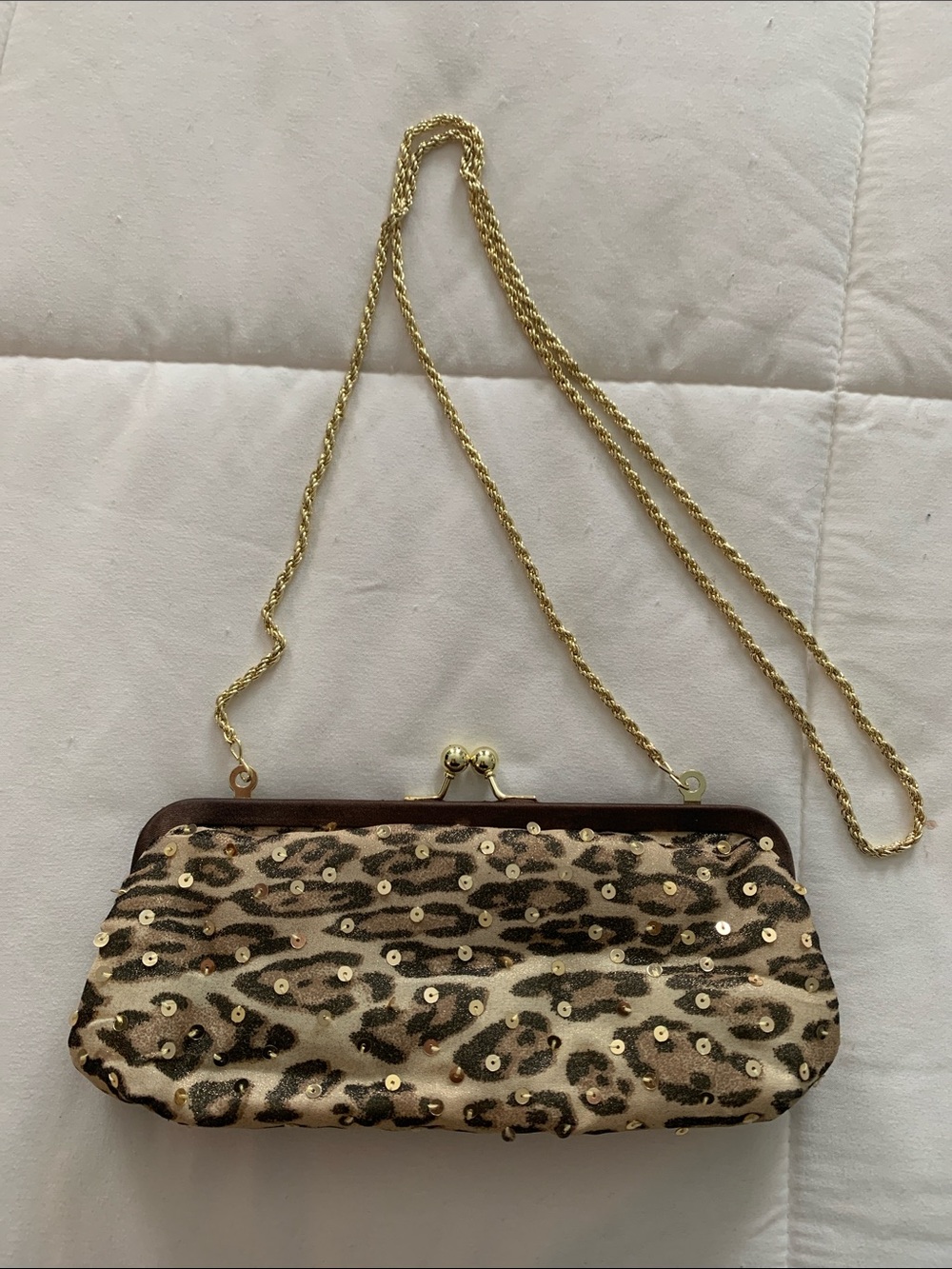 La Regale Gold and Brown Sequin Leopard Print Evening Clutch
